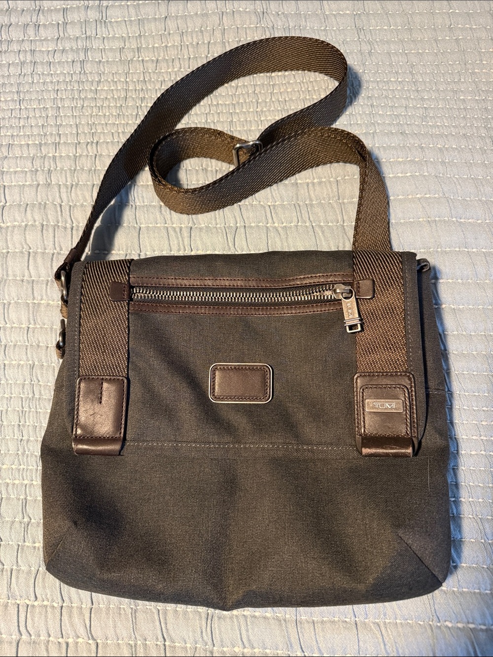 Tumi Dark Brown Canvas Messenger Bag with Leather Trim